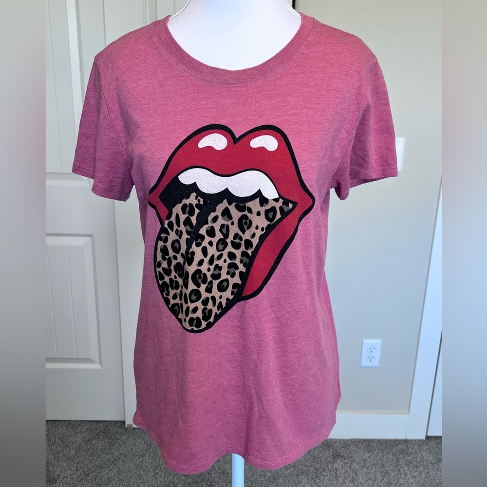 Lucky Brand Pink Rolling Stones Cheetah Tongue Tee Sz Small